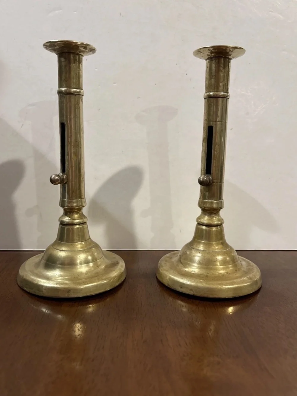 Pair of Antique European Adjustable Brass Candlesticks Push Up